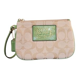 Coach Poppy Signature Tan Green Canvas  Wristlet